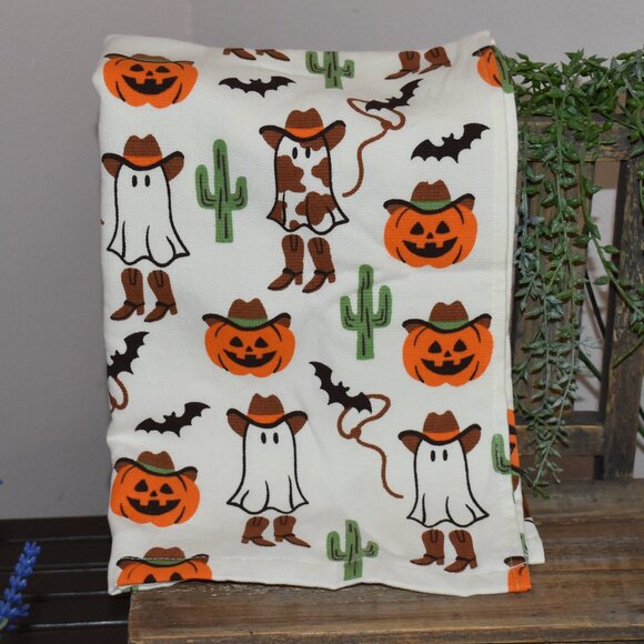 Other - Spooky Western Cactus Ghost Bats Cowboy Pumpkin Halloween Kitchen Hand Towel
